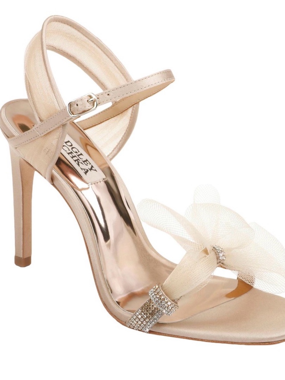 Badgley Mischka Champagne Satin & Mesh Bow Dress Heels